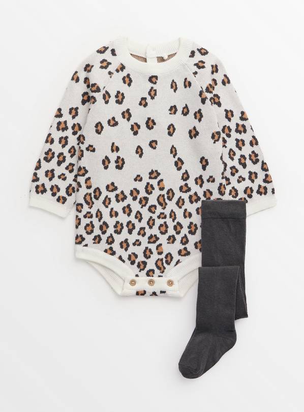 Leopard Print Knitted Long Sleeve Bodysuit & Tights Set Up to 3 mths